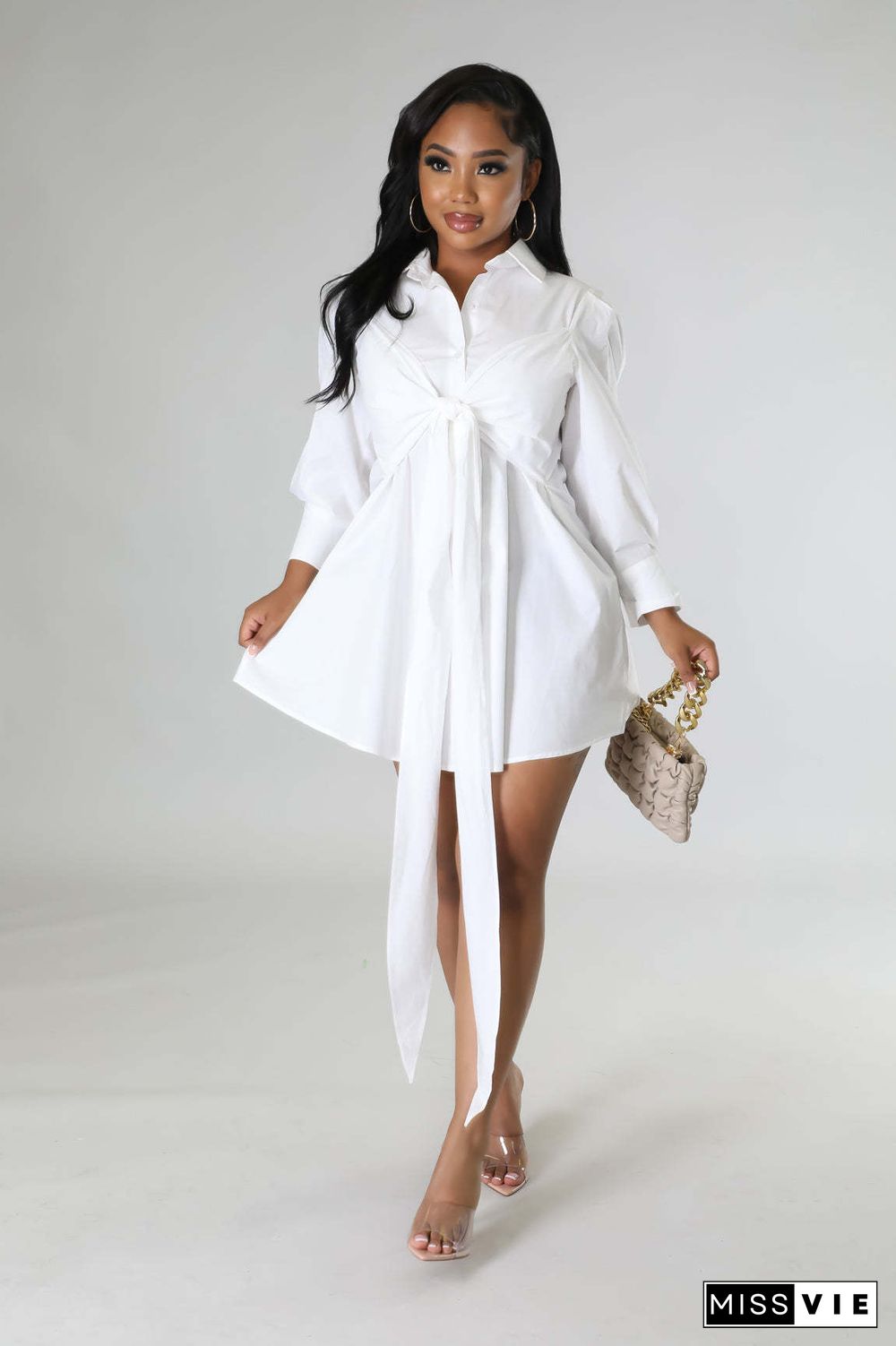 Solid Color Bowknot Decor Long Sleeve Shirt Dress