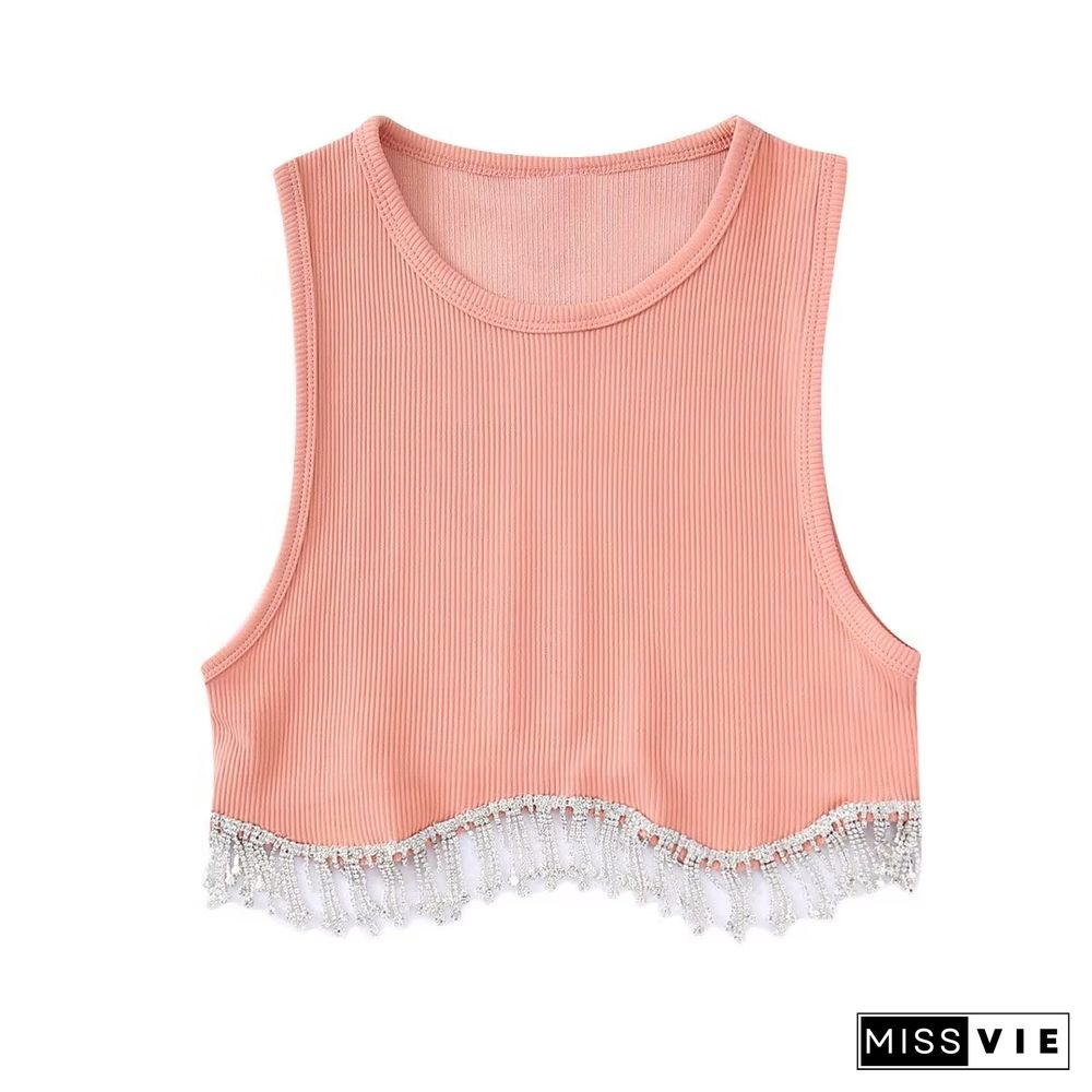 Women High Street Sexy Hem Tassel Diamond Beading Knitting T-Shirt Chic Short Camis Tank Lady Slim Crop Vest Tops Ls1311