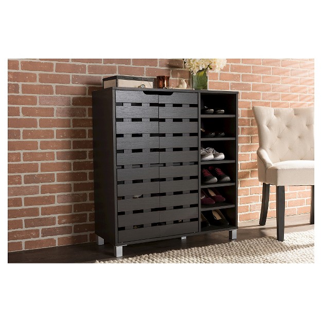 Shirley Modern And Contemporary Wood 2 door Shoe Cabinet With Open Shelves Dark Brown Baxton Studio