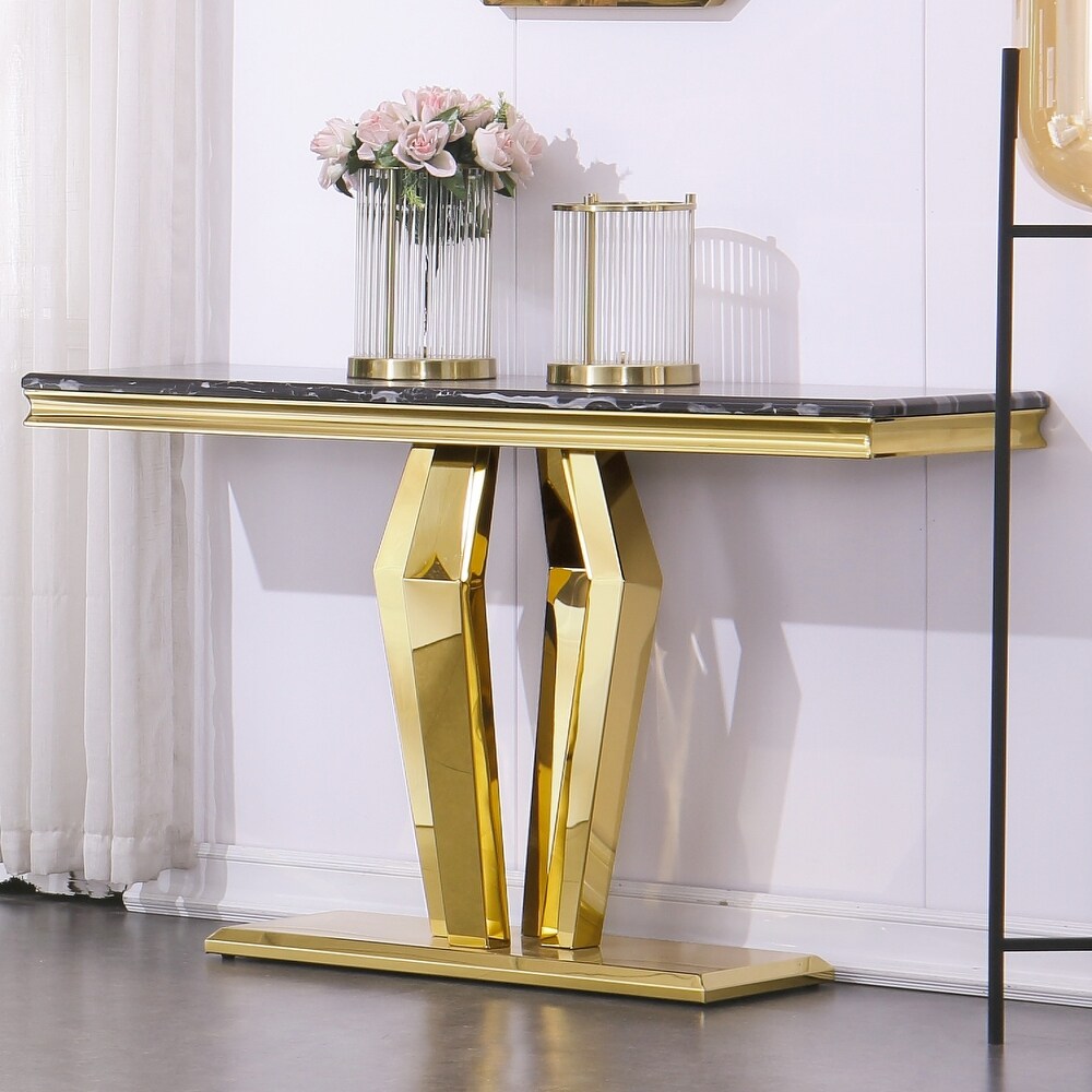 Luxury Rectangular Sofa Console Table Modern Living Room Entryway Table with Mirrored Gold Geometric Base