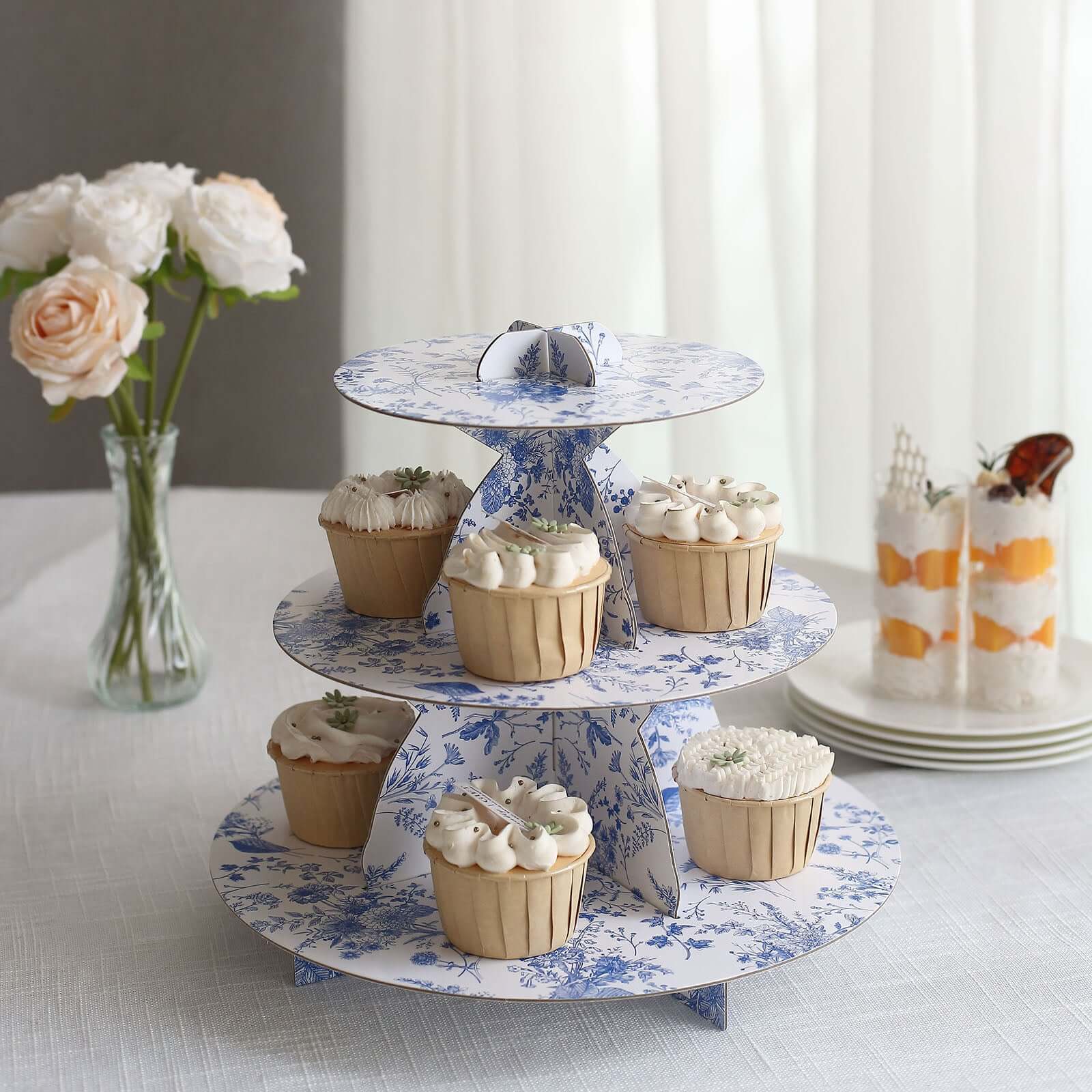 3-Tier White Blue Cardboard Cupcake Stand with French Toile Floral Pattern, Tea Party Dessert Display Stand Round Serving Platter - 11