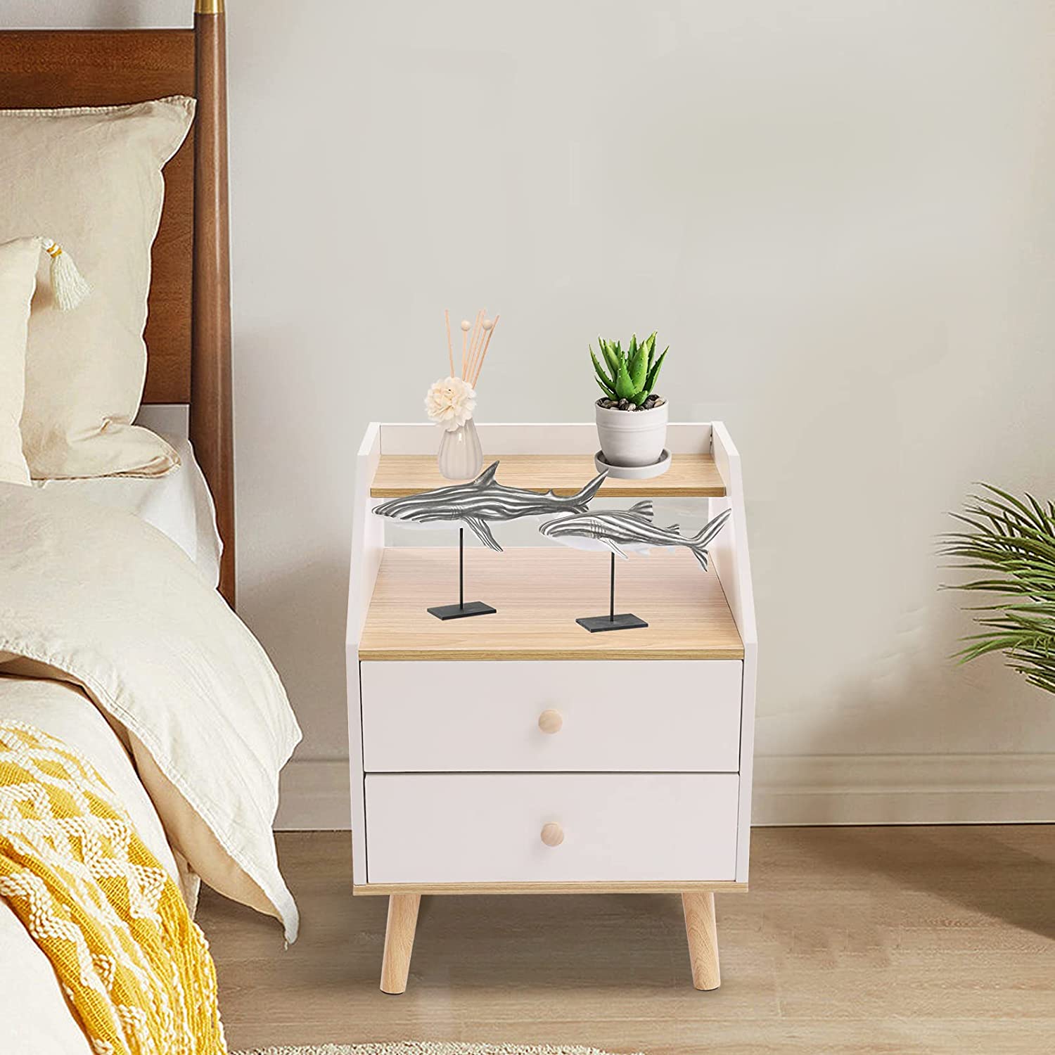 OUKANING Modern Nightstand Bedside End Table Bedroom Storage Furniture Sofa Side Table Storage Cabinet w/2 Drawer