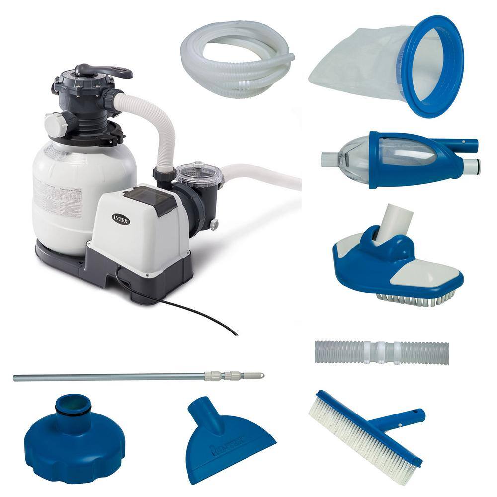 Intex 2100 GPH Above Ground Pool 60 sq. ft. Sand Filter Pump with Deluxe Pool Maintenance Kit 26645EG + 28003E