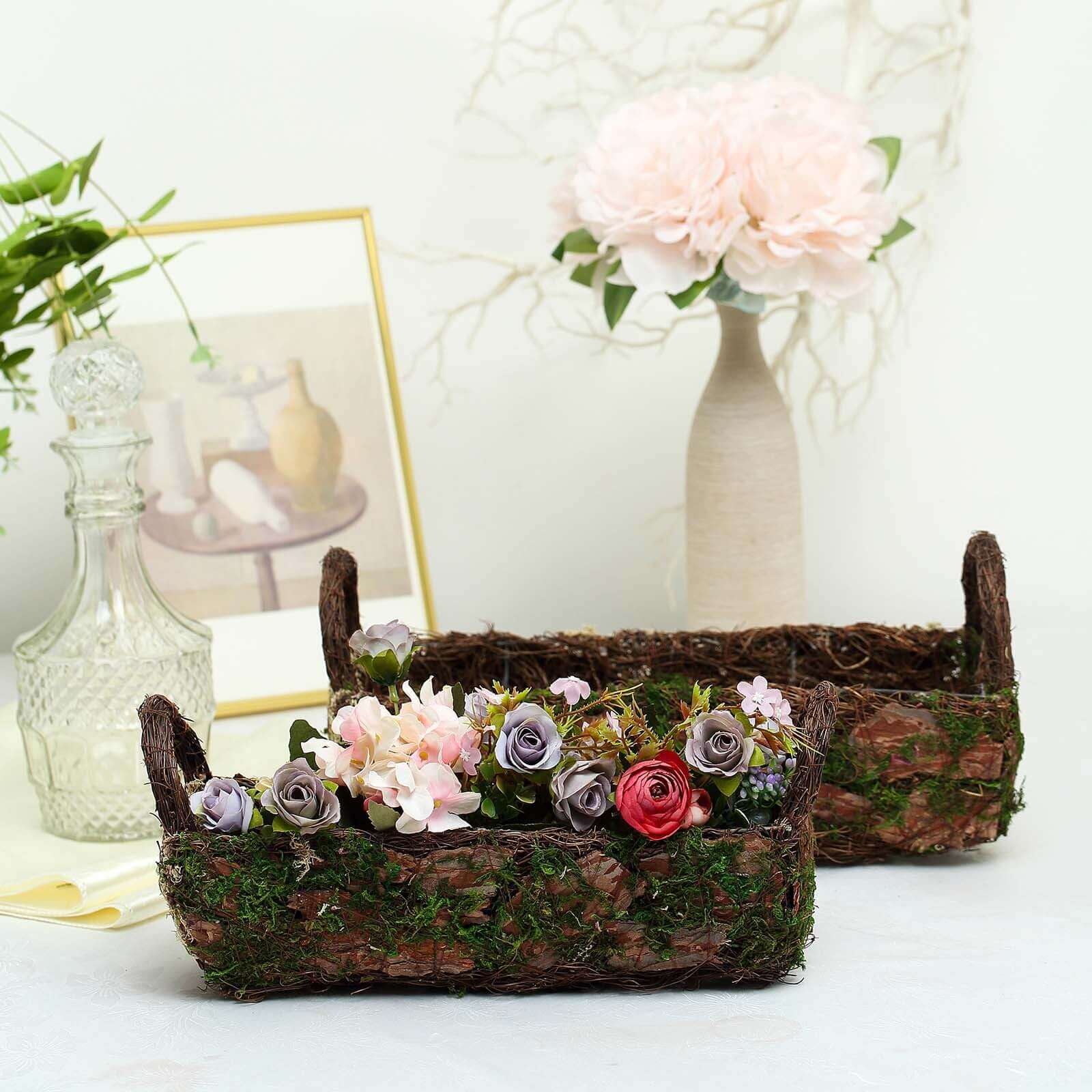 Set of 2 Rustic Log Shaped Preserved Moss Planter Boxes, Flower Baskets With Handle 13