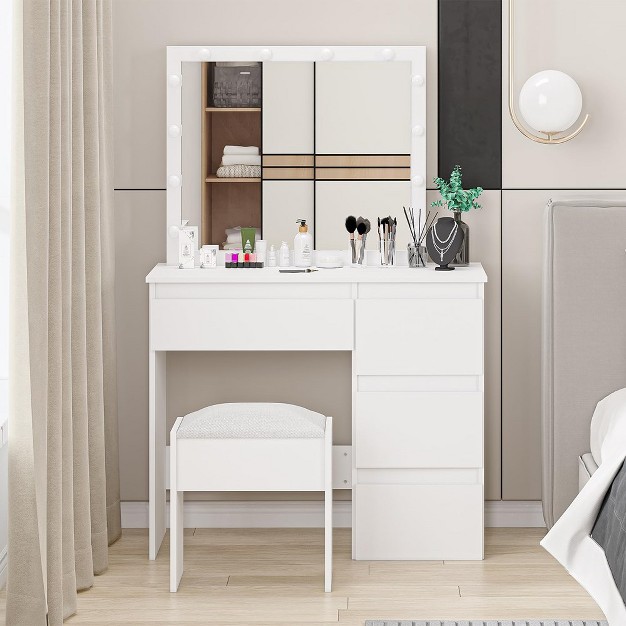 Vanity Desk Makeup Vanity Desk With Touch Light Mirror Power Outlet Stool And 4 Drawers White