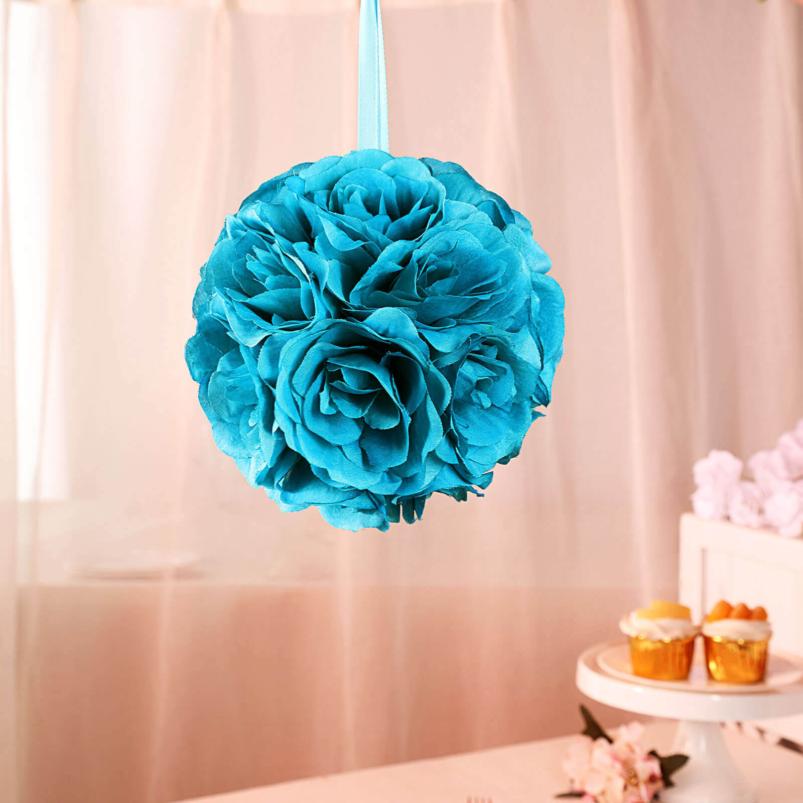 2 Pack Turquoise Artificial Silk Rose Kissing Ball, Faux Flower Ball 7