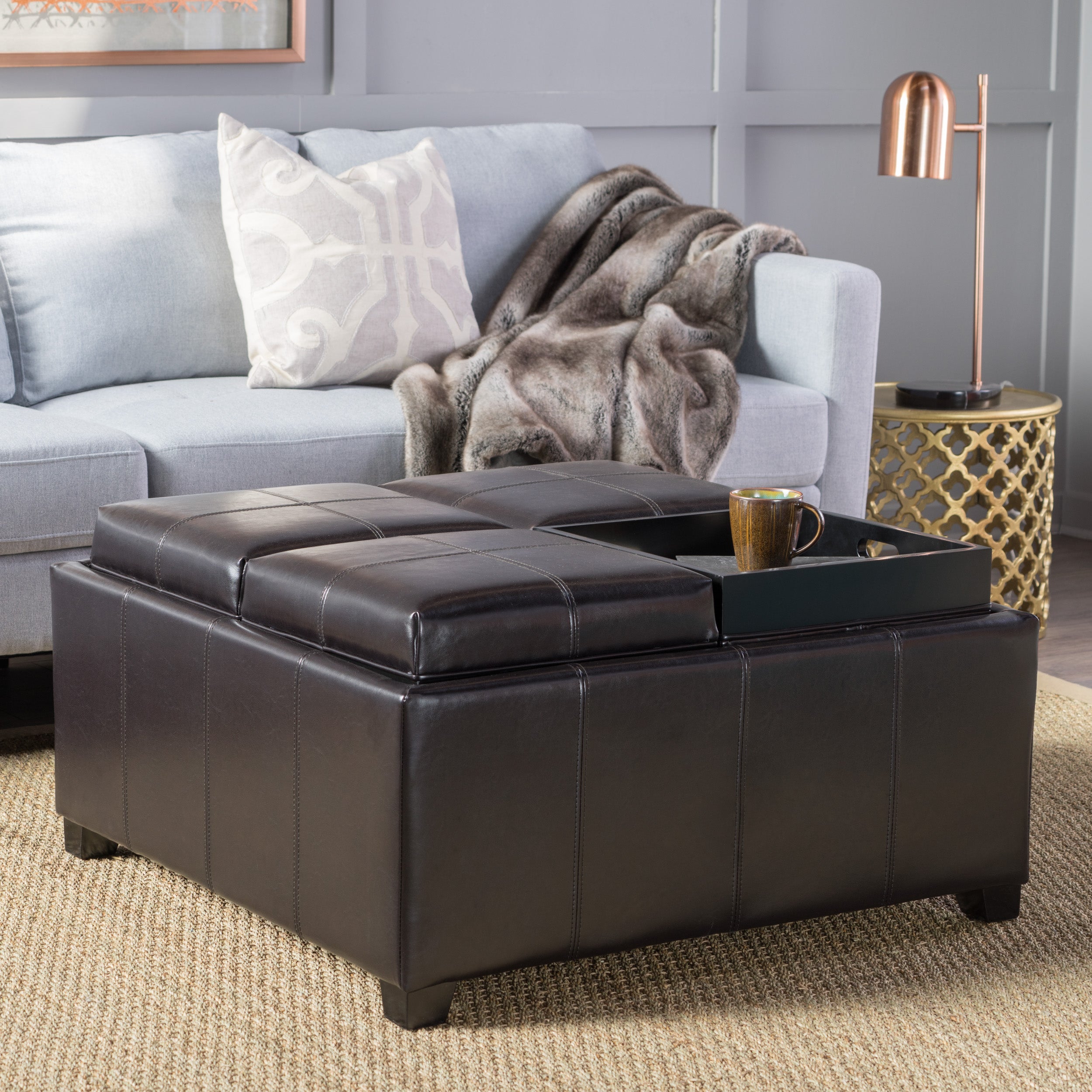 Harley Leather 4-Tray-Top Storage Ottoman Coffee Table