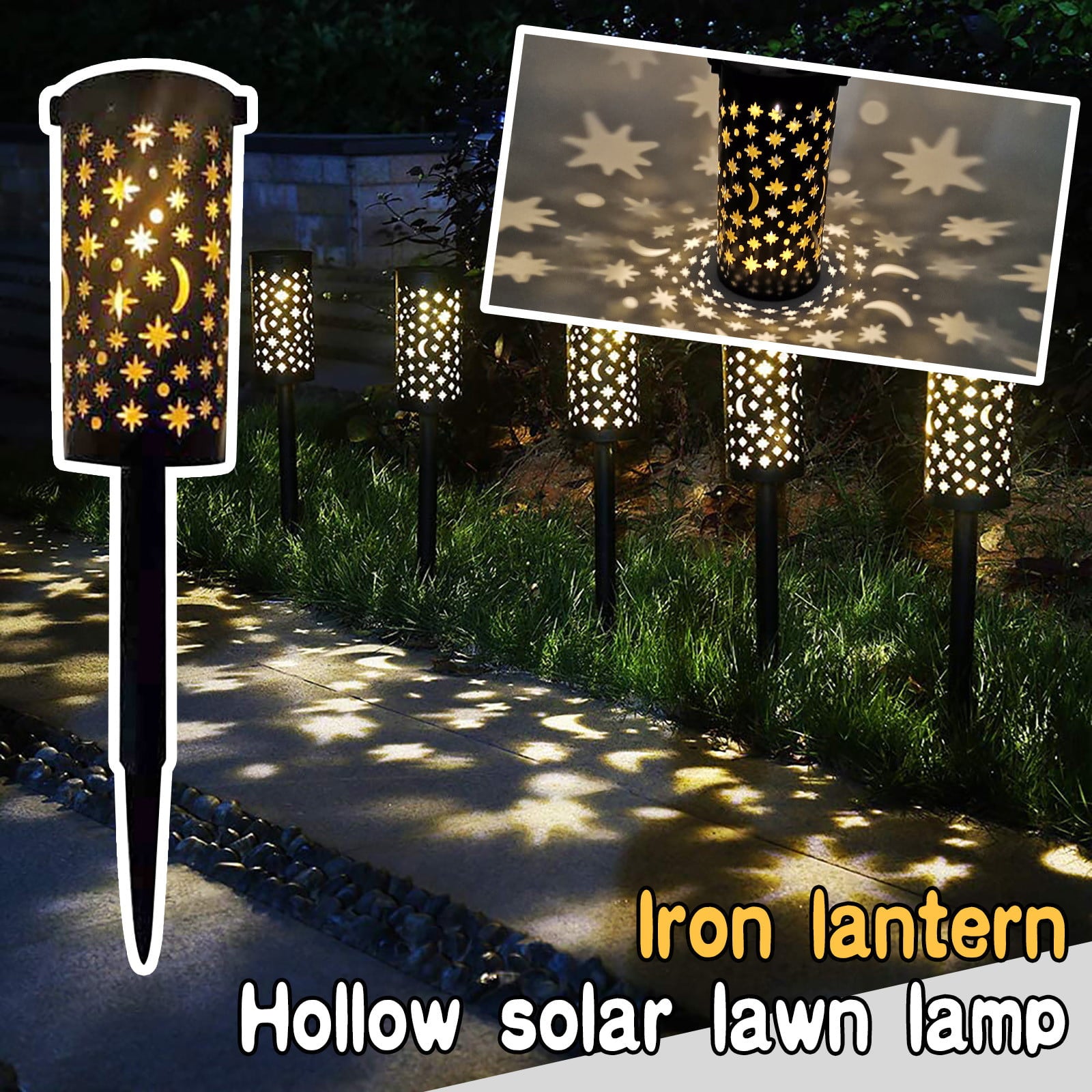 Mnycxen Wrought Iron Hollow Lawn Lamp， Star And Moon Lamp， Outdoor Garden Lamp，Solar