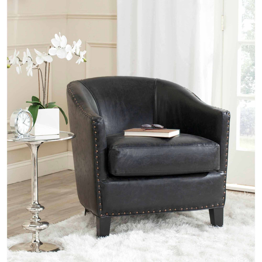 Contemporary Accent Chair  Bicast Leather Seat With Curved Back  Antique Black   Transitional   Armchairs And Accent Chairs   by Declusia  Houzz