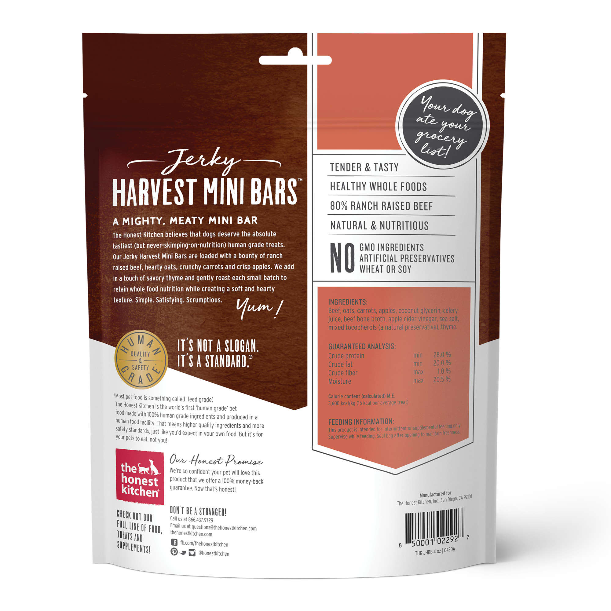 The Honest Kitchen Jerky Harvest Mini Bars: Beef Recipe With Carrots  Apples Dog Treats， 4 oz.