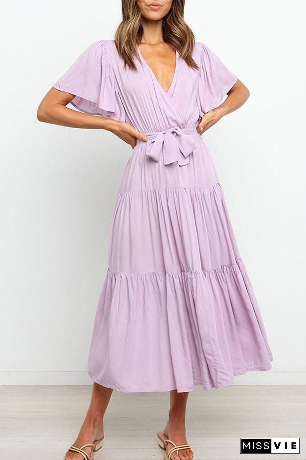 Ruffled Sleeve V-neck Tie Waist Maxi Dress P14492