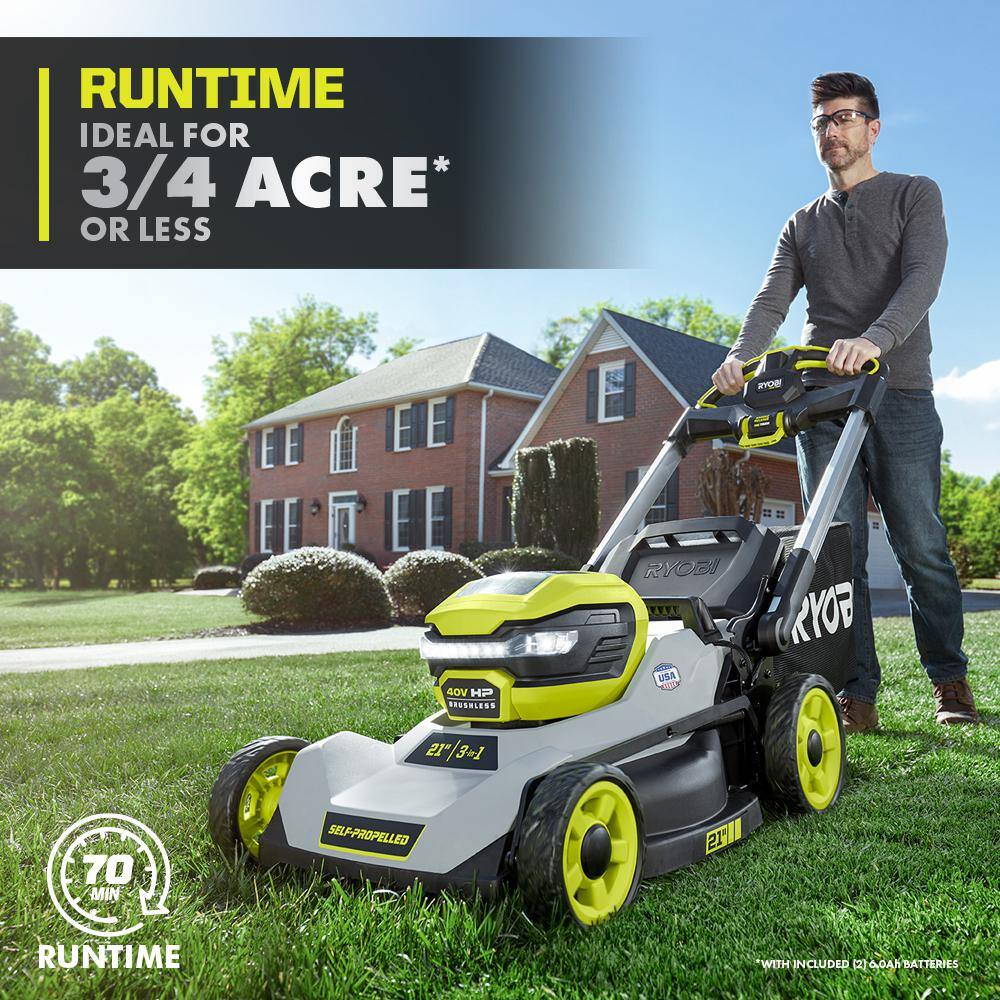 RYOBI 40V HP Brushless 21 in. Cordless Battery Walk Behind Dual-Blade Self-Propelled Mower with (2) 6.0 Ah Batteries  Charger RY401150