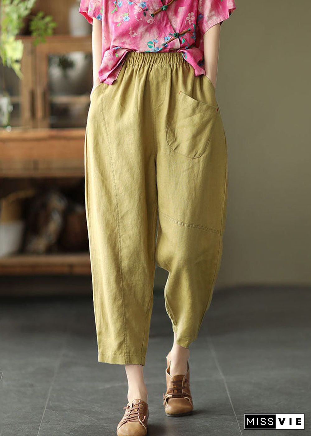 Boutique Yellow Pockets Patchwork Linen Crop Pants Summer