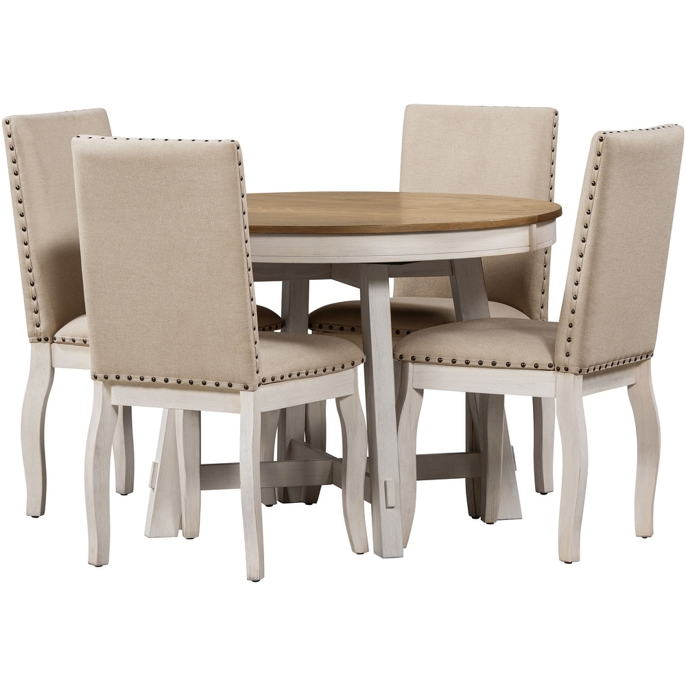 5 Piece Wood Round Extendable Dining Table with 4 Upholstered Dining Chairs