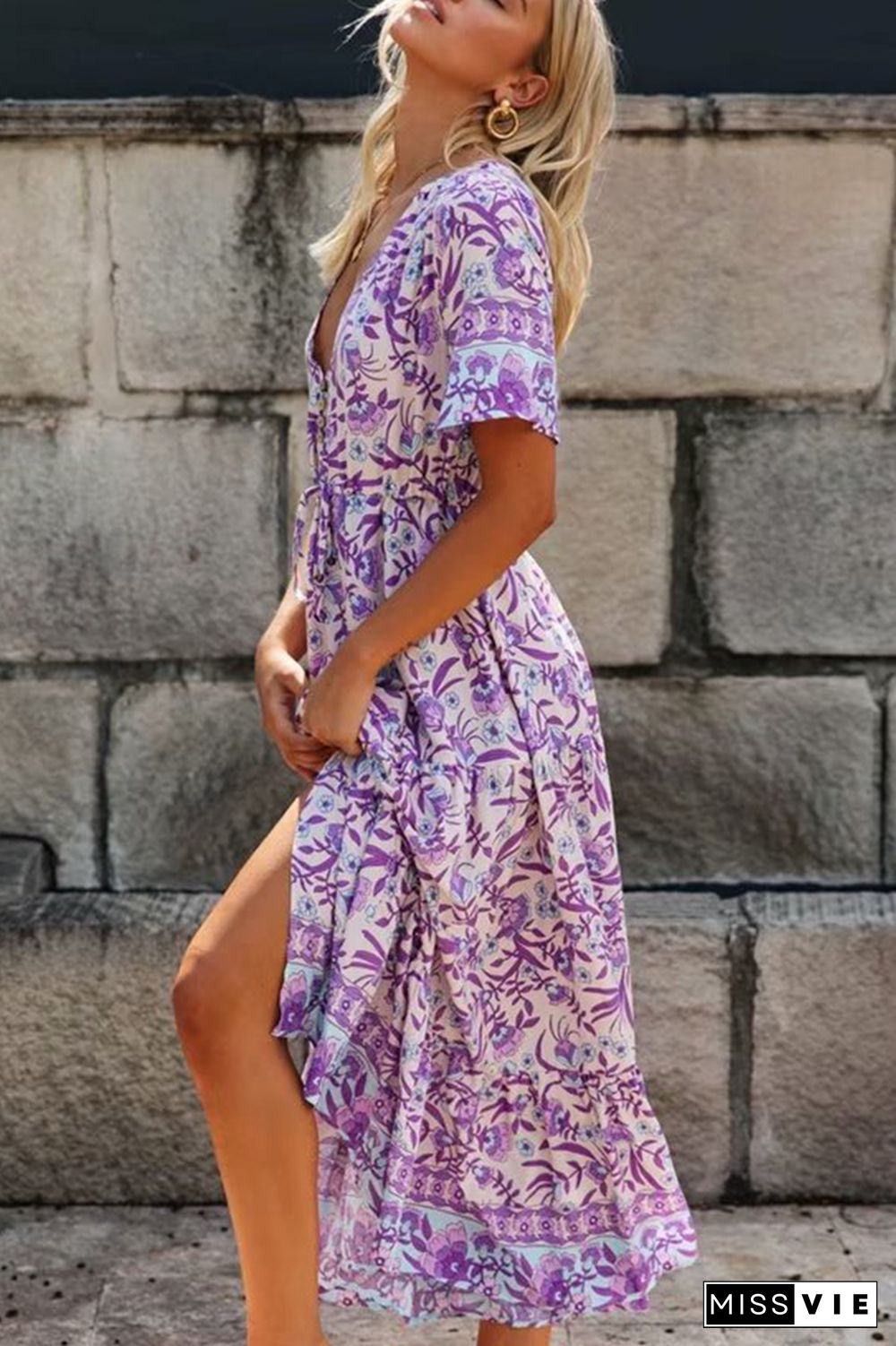 Purple Floral V Neck A Line Dresses