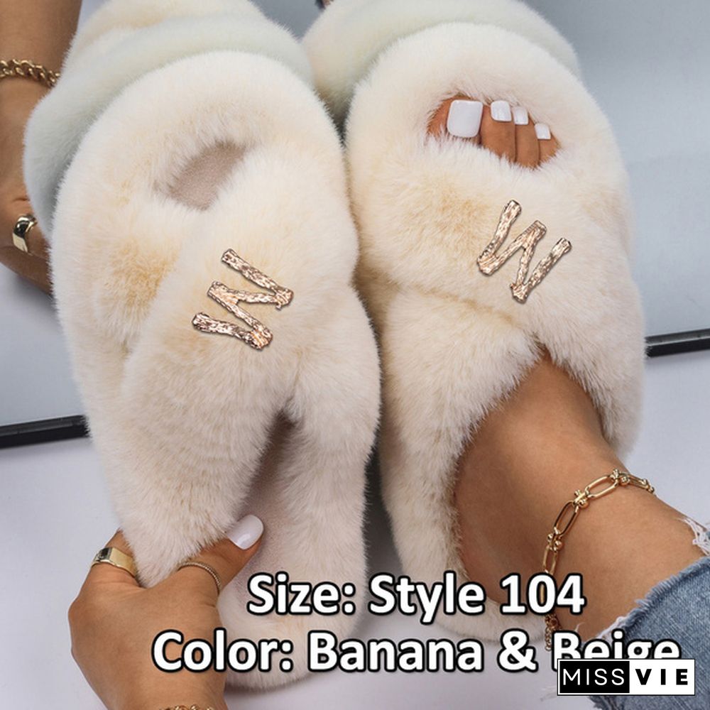 Fluffy Warm Women Home Slippers Fur Rhinestone Crystal Platform Shoes Indoor Flip Flops Female Soft Casual Slides Cotton Fur Slippers