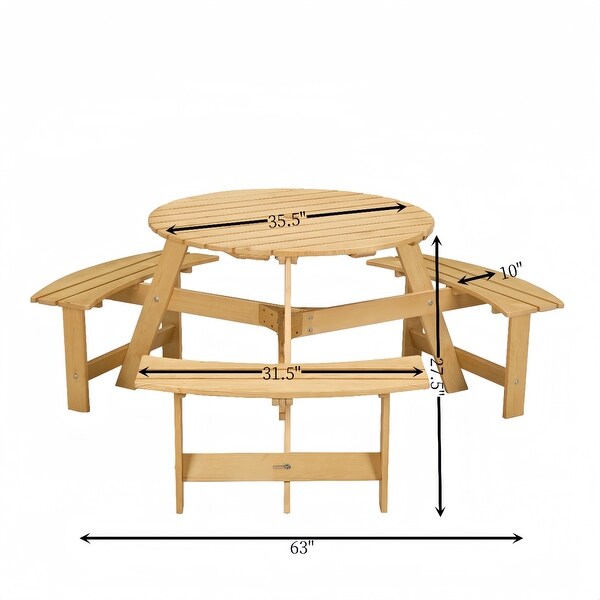 63'' 6Person Outdoor Patio Round Wood Metal Picnic Table with 3 Builtin Benches and Umbrella Hole