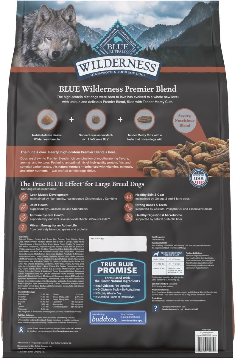 Blue Buffalo Blue Wilderness Premier Blend with Meaty Cuts Chicken Large Breed Adult Dry Dog Food， 24-lb bag