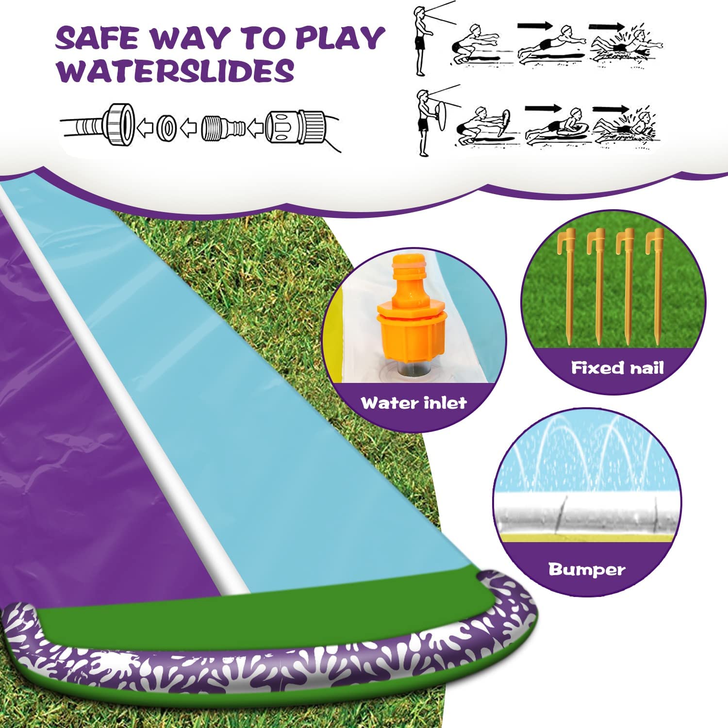 Terra Durable Water Slides for Kids 16 FT Inflatable Water Slide with 2 Surfboards Waterslide And Build in Sprinkler for Kids Summer Outdoor Fun Play, Purple