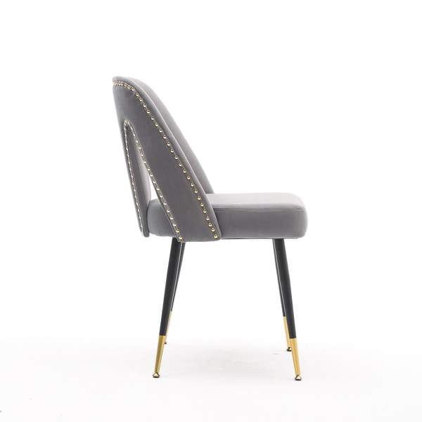 Contemporary Velvet Upholstered Dining Chair with Nailheads and Gold Tipped Black Metal Legs Set of 2