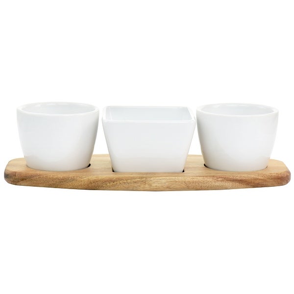 4 Piece Fine Ceramic Tidbit Dish Set with Acacia Wood Base