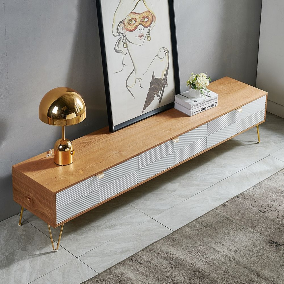 Modern Nordic Wooden TV Stand Fluted Design White  ampGold with 3 Drawer   Midcentury   Entertainment Centers And Tv Stands   by Homary International Limited  Houzz