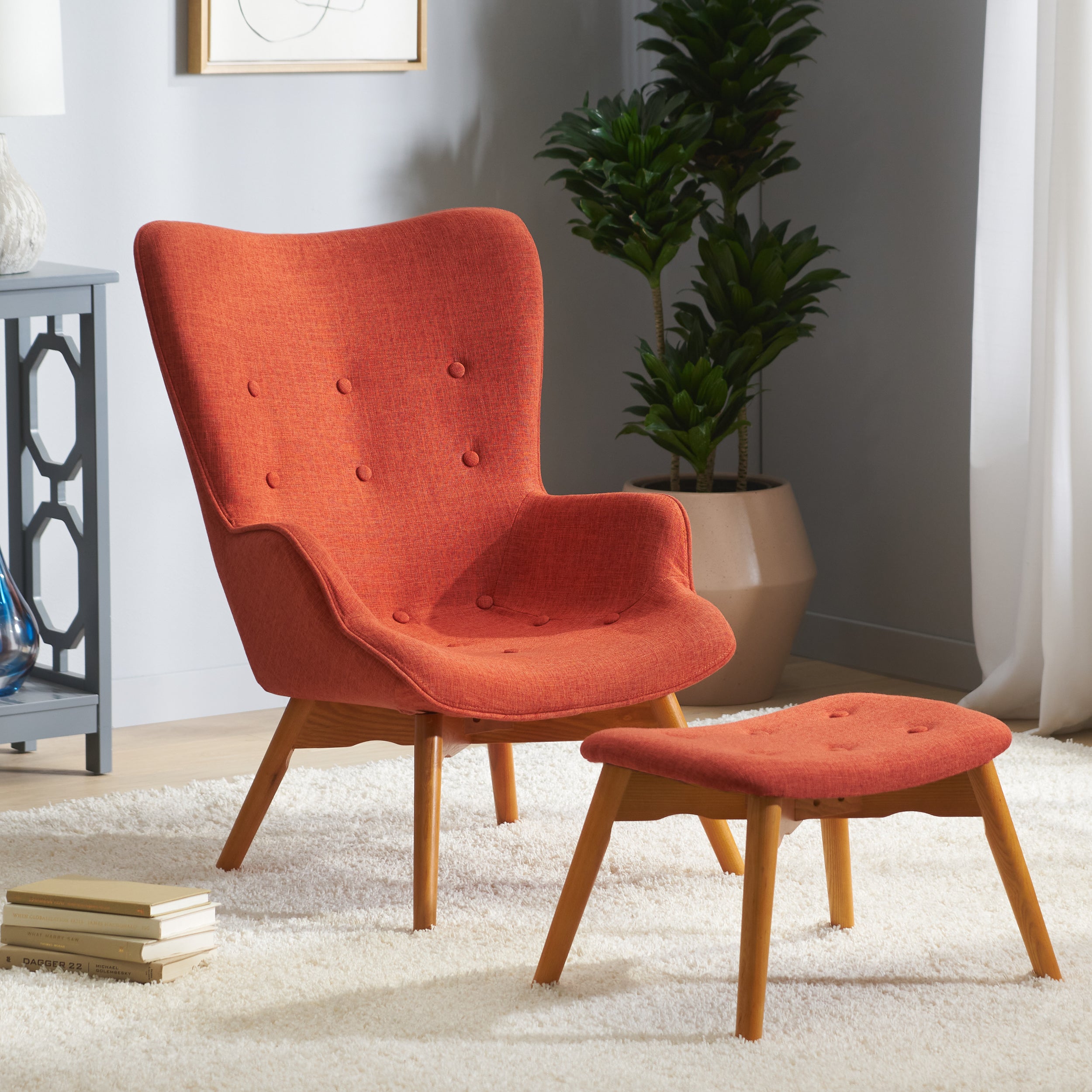 Acantha Mid-Century Modern Wingback Fabric Chair and Ottoman Set