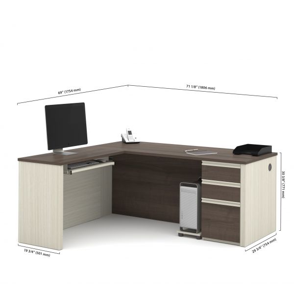 Bestar Prestige + L-shaped workstation including one pedestal in White Chocolate and Antigua