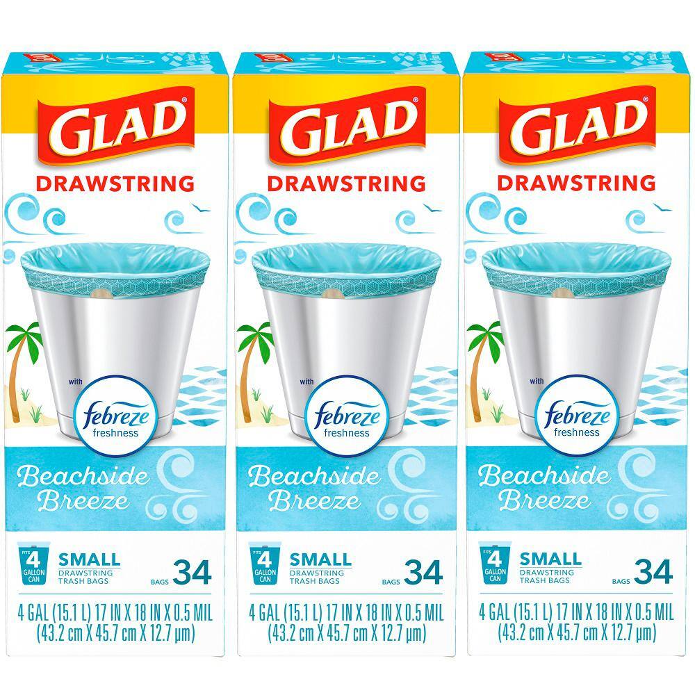 Glad 4 Gal. OdorShield Febreze Beachside Breeze Small Drawstring Trash Bags (34-Count 3-Pack) C-309619182-3