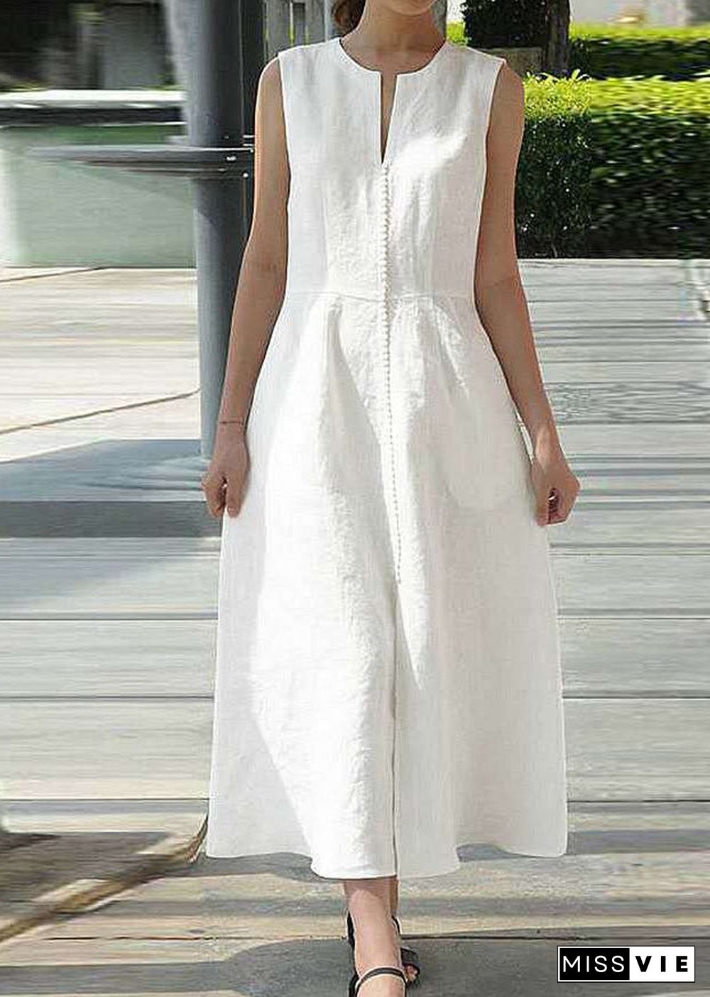 Style White O-Neck Patchwork Solid Tunic Cotton Maxi Dresses Sleeveless