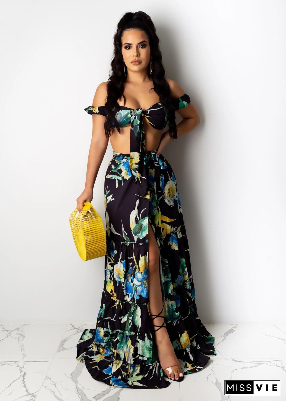 Off Shoulder Floral Print+High Slit Maxi Skirt Set