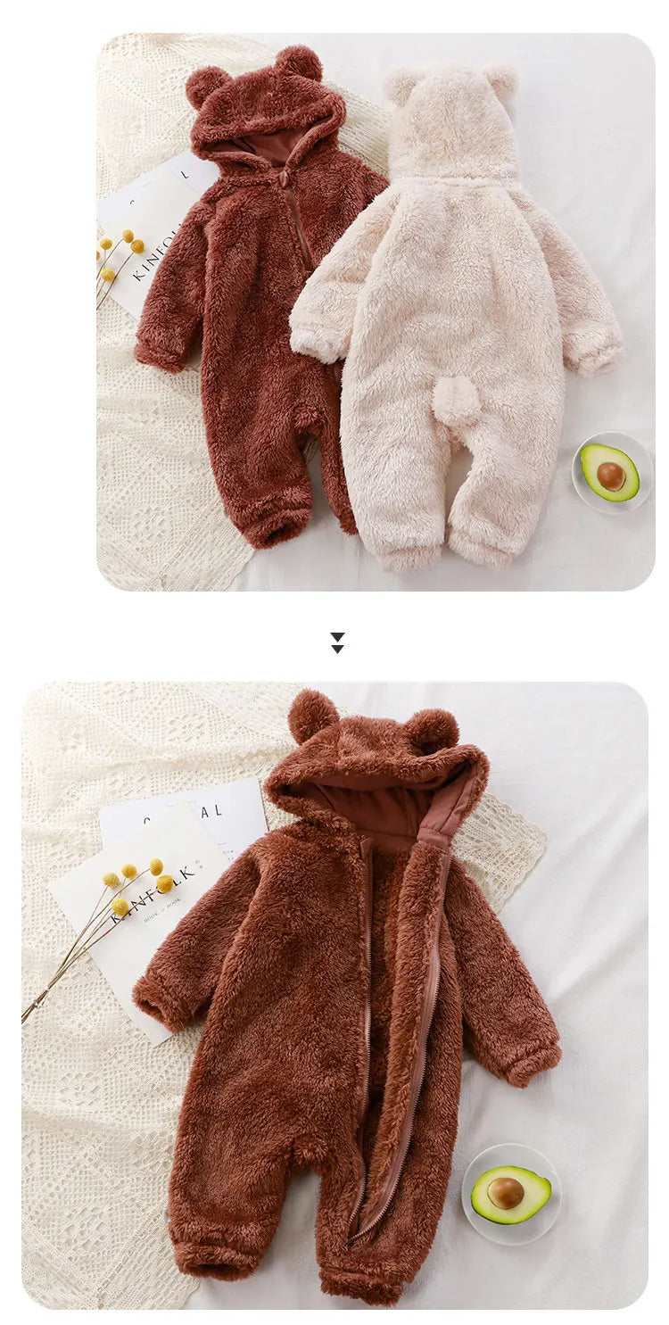 Thick Warm Baby Rompers Cute Winter Infant Jumpsuits Hooded Coral Fleece Bear Shape Newborn Soft Pajamas Overalls Clothing