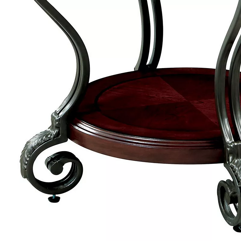 Round Wood and Metal End Table with Scroll Details， Brown