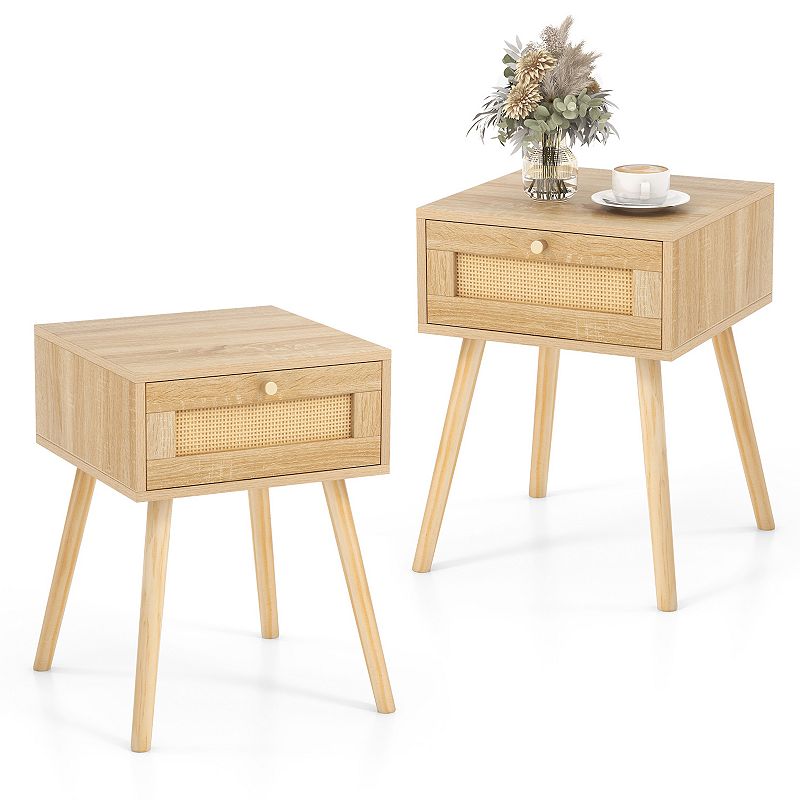 Modern Rattan Nightstand with Drawer and Solid Wood Legs for Bedroom and Living Room