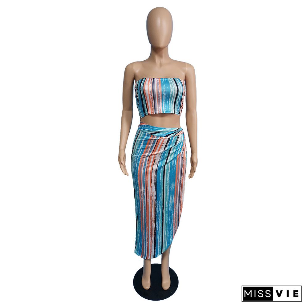 Fashion Beach Tie Dye Stripes Print Women Sexy Strapless Crop Tops Maxi Skirts Summer 2 Piece Set