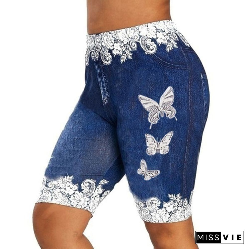 New Arrival Women Fashion Plus Size Skinny Butterfly Print Casual Jeggings Faux Denim Jean Shorts Pants