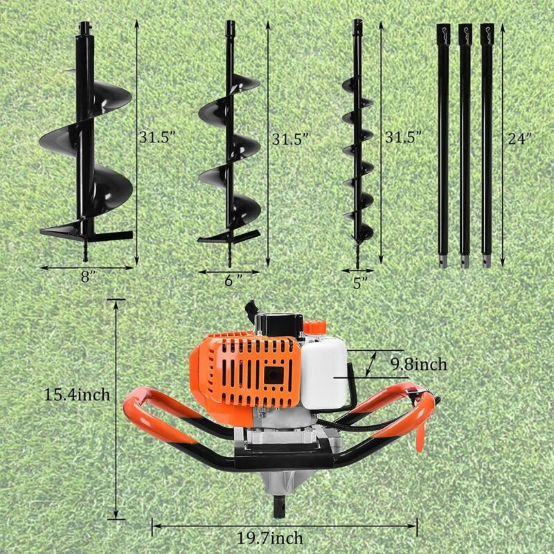 EAYSG 62cc Post Hole Digger 2 Stroke Post Hole Auger Gas Powered Earth Auger with 3 Replacement Drill Bits(5