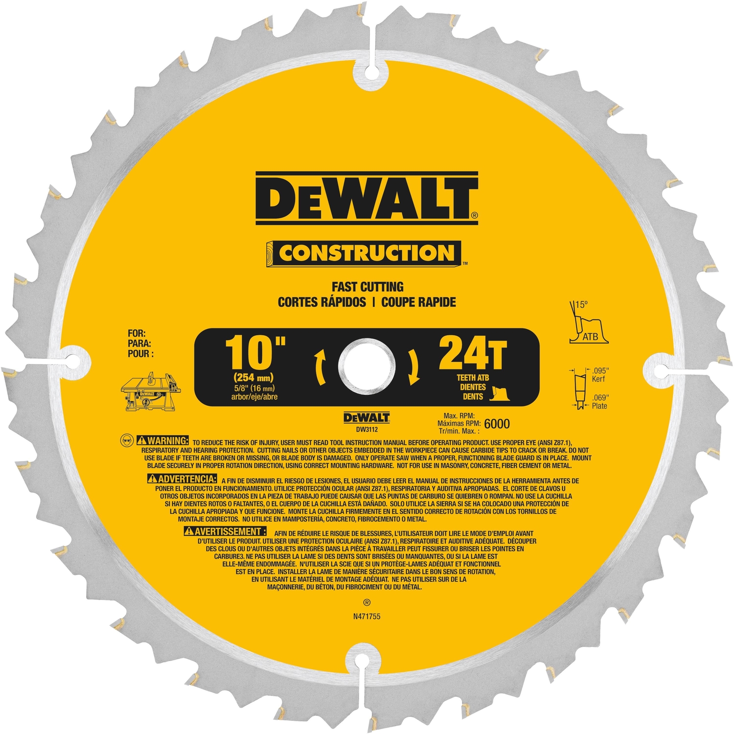 DW 10 in. D X 5/8 in. Carbide Circular Saw Blade 24 teeth 1 pk