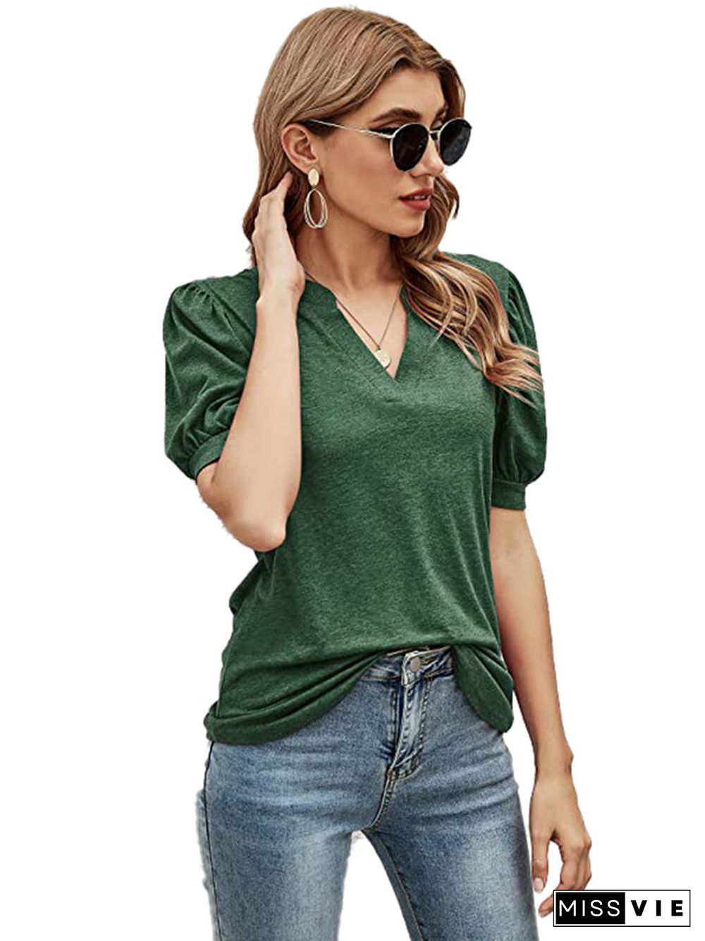 Simple Solid Color V-Neck Puff Sleeves T-Shirt Top