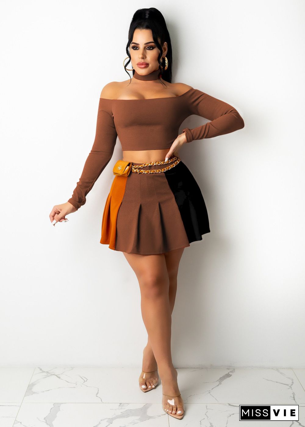 Off Shoulder Crop Top Pleated Mini Skirt Set