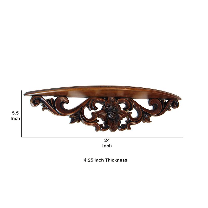 Hand Carved Wooden Moonbay Wall Shelf in Floral Design， Brown