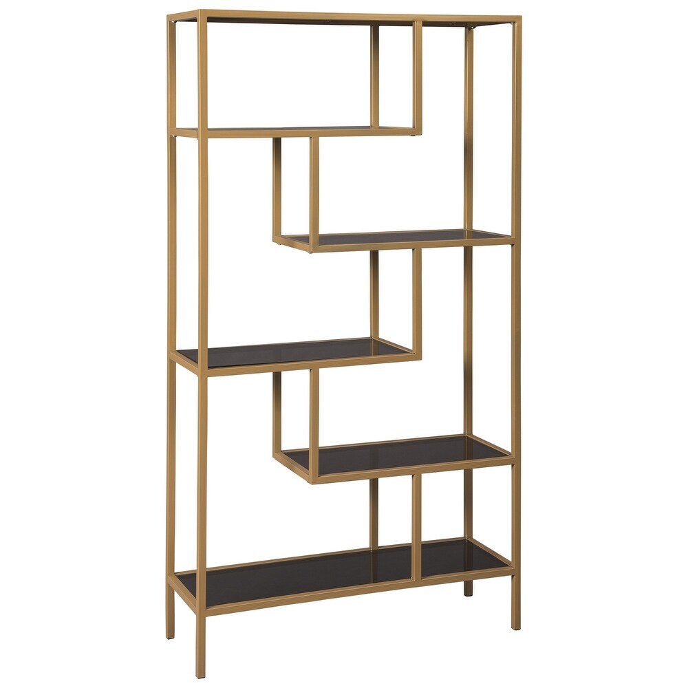 Metal Frame Bookcase with 5 Tiered Display Glass Shelves  Gold and Black   70 H x 12 W x 36 L