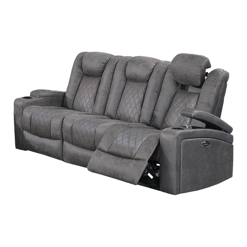 Elva 83 Inch Power Reclining Sofa  Storage Console  Gray Breathable Leather