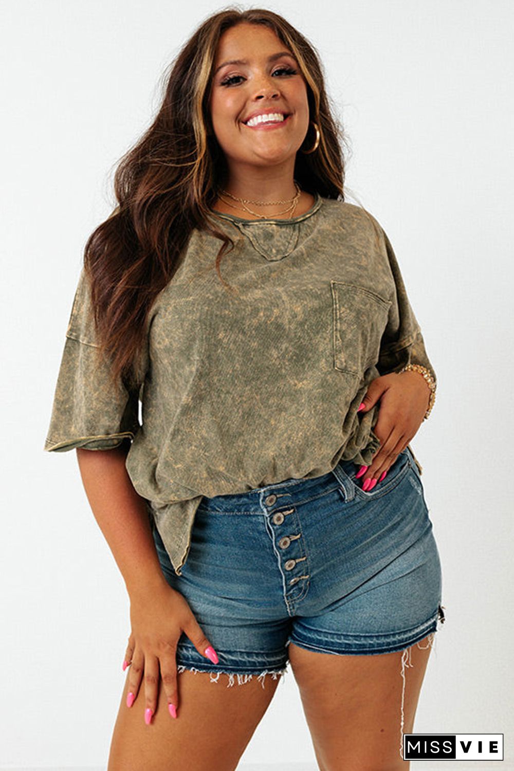 Green Plus Size Mineral Wash Seamed Short Sleeve T Shirt