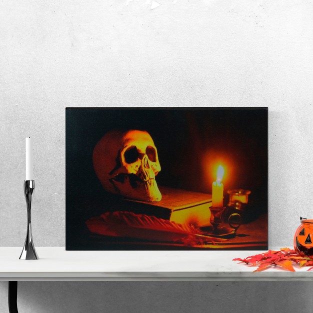 Halloween Prelit Led Antique Candle And Skull Canvas Wall Art Black orange