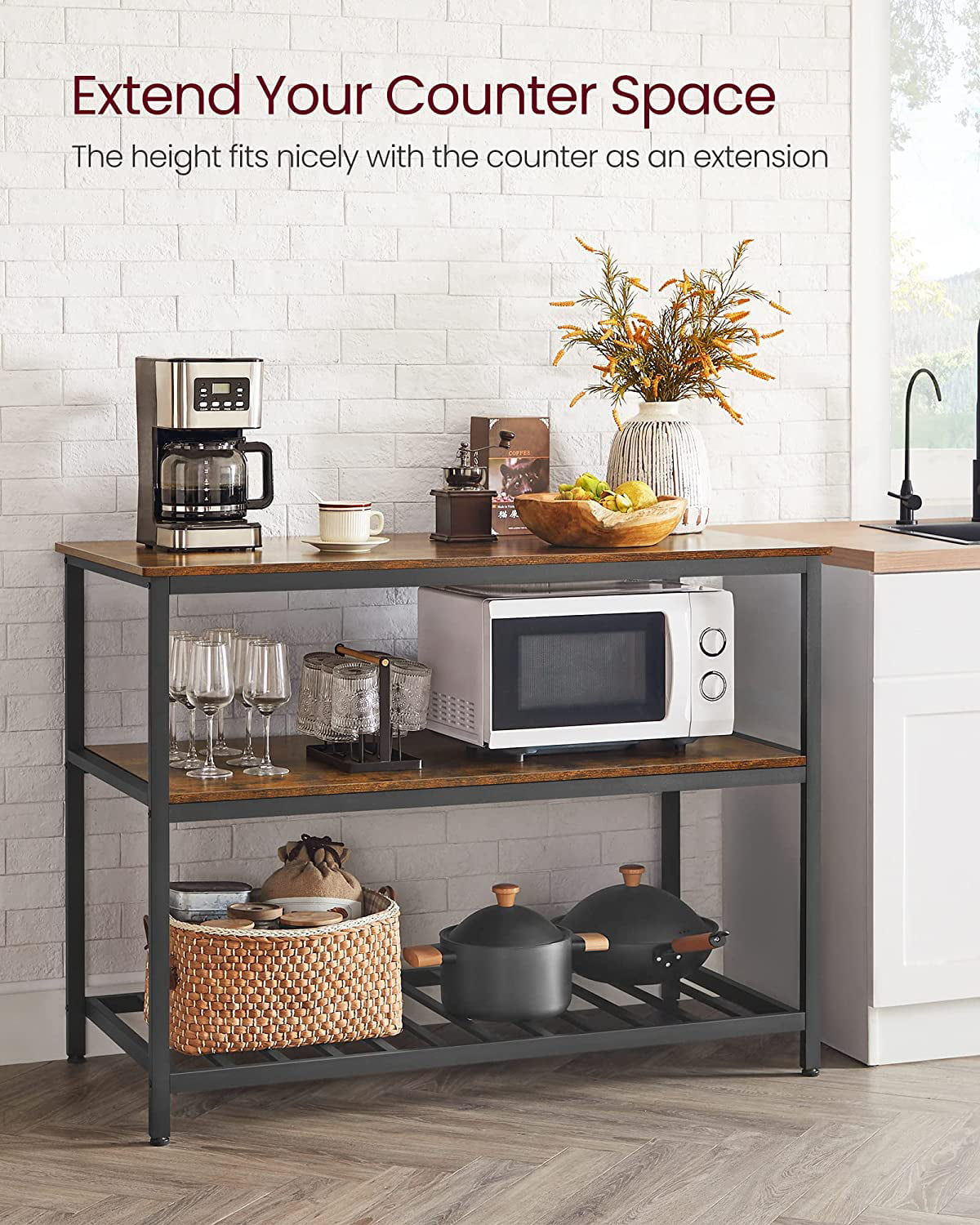 VASAGLE Alinru Kitchen Island with 3 Shelves Kitchen Shelf with Large Worktop Rustic Brown and Black