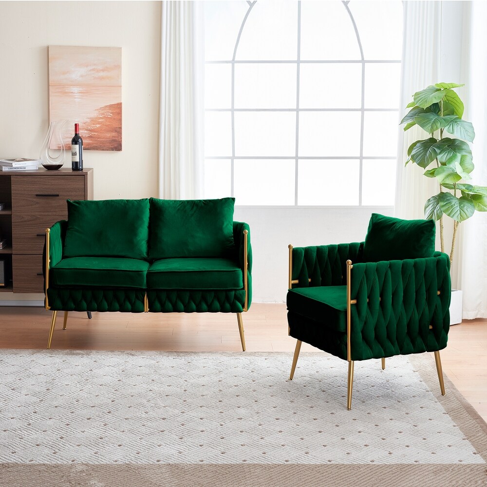 Modern Double Accent Chair Sofa Set 2pcs Handmade Woven Loveseat  Living Room Deep Back Single Sofa Chair  Green