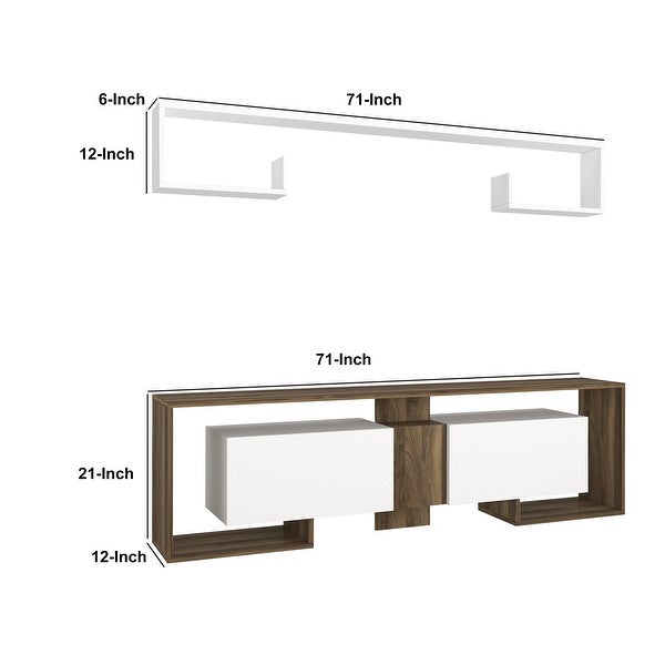 71 Inch Wooden TV Console Entertainment Media Center， 2 Piece Set， Wall Mounted Floating Shelf， White， Brown