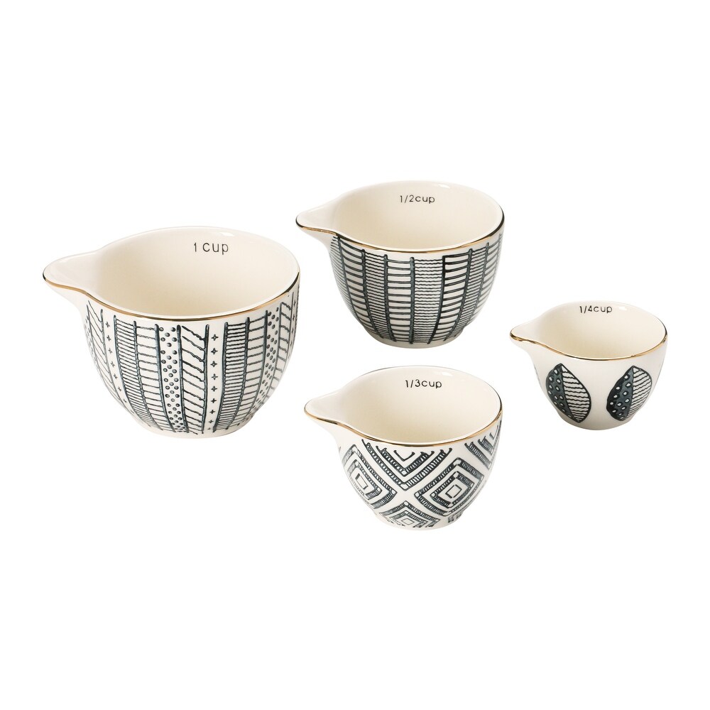 Stoneware Measuring Cups with Pattern   Gold Electroplating  Black   White  Set of 4