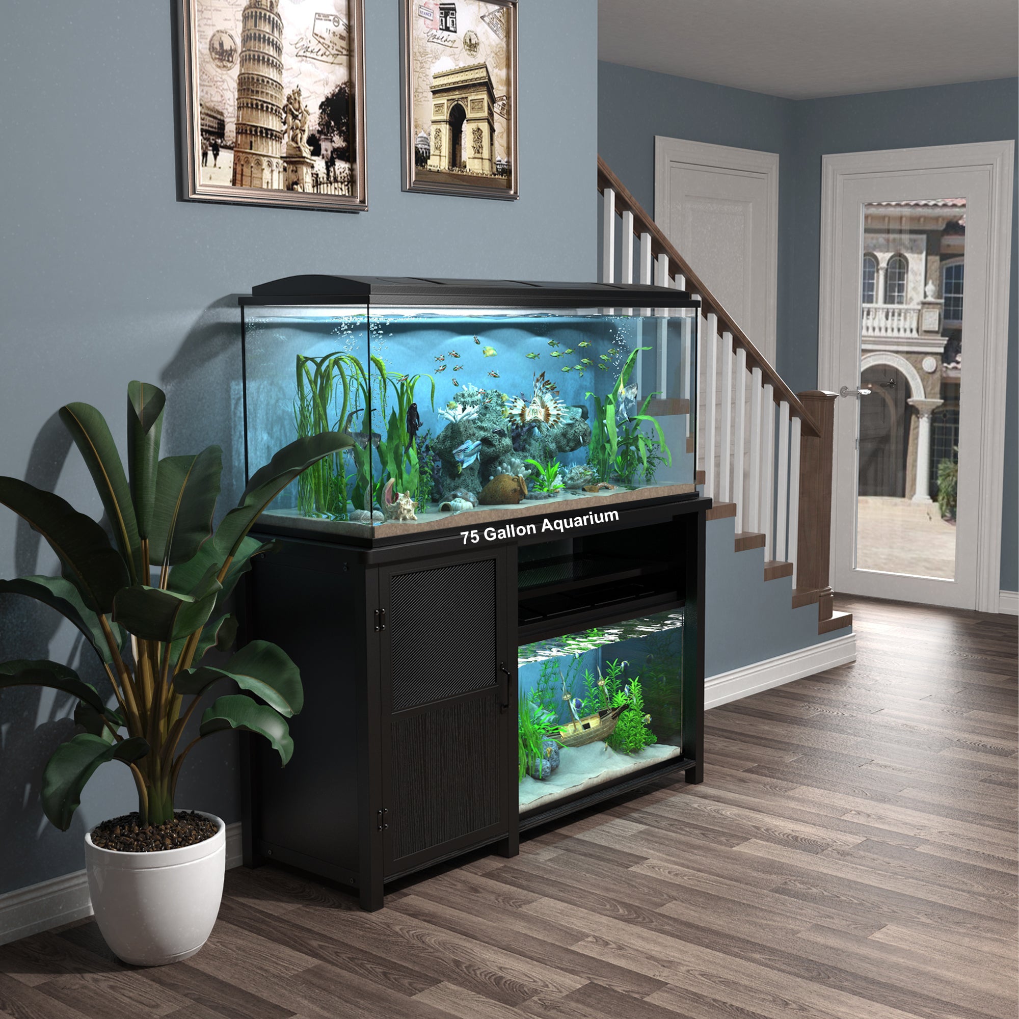 55-75 Gallon Fish Tank Stand Heavy Duty Metal Aquarium Stand with Cabinet，52